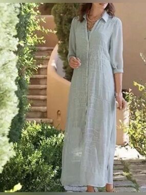 Soft Surroundings Ibiza Georgette Embroidered Maxi Shirt Dress Sz 1X Gray Sheer